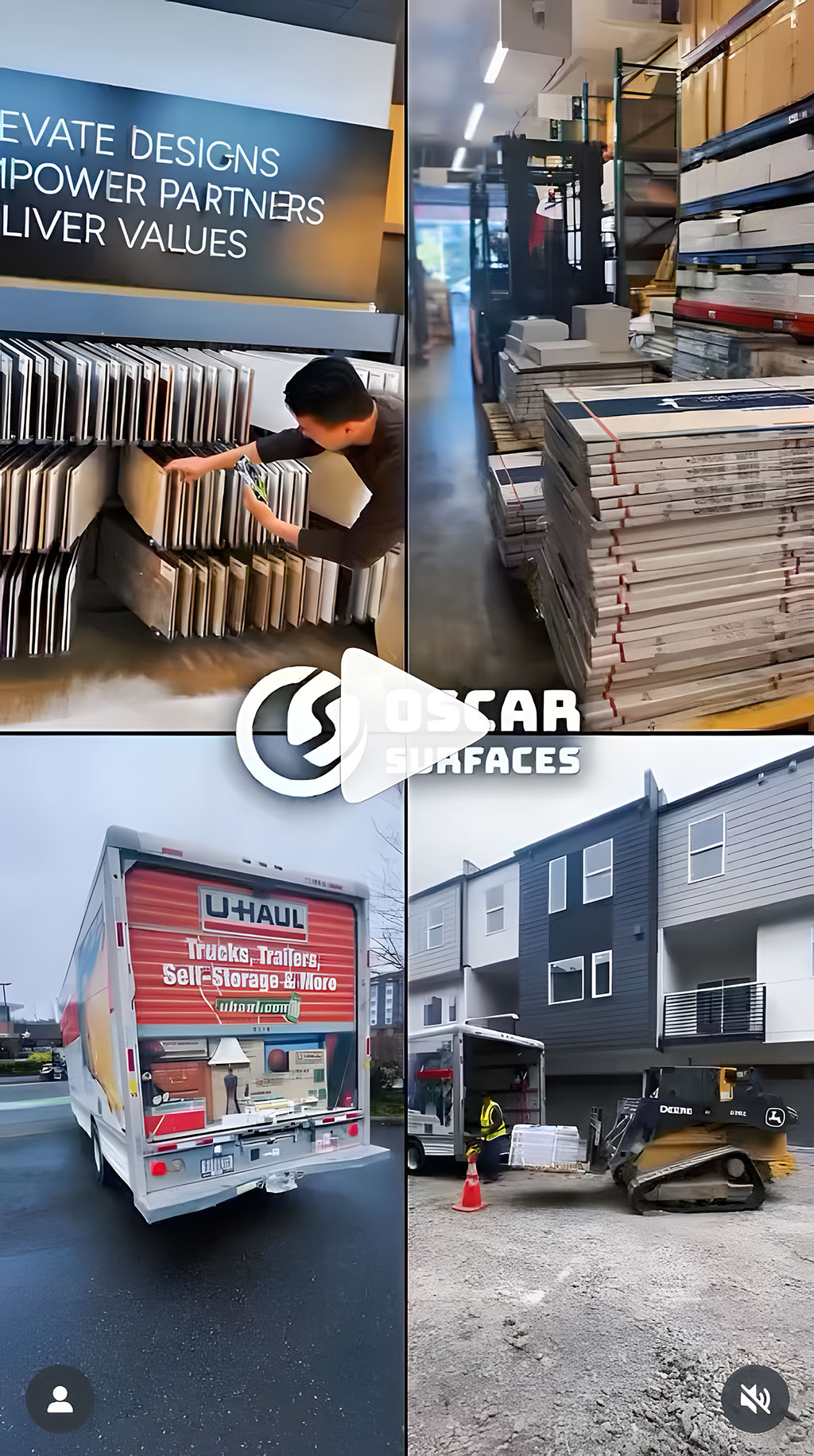 A 4-panel collage showing the Oscar Surfaces process: showroom selection, warehouse, truck, and delivery to a Jabooda site.