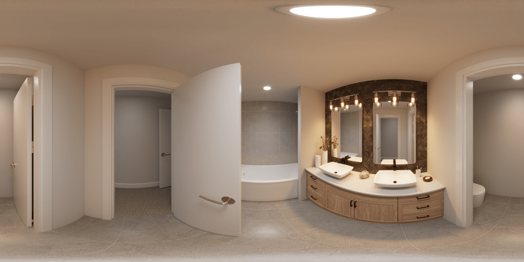 A 360-degree rendering of a modern bathroom with a double wood vanity, vessel sinks, and a bathtub. Source: Seattle 3D & Virtual Visualization by Pixel for Jabooda Group.