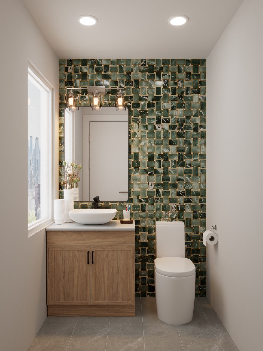 Small modern bathroom rendering featuring wood vanity, white toilet, and striking green marble-patterned tile wall.