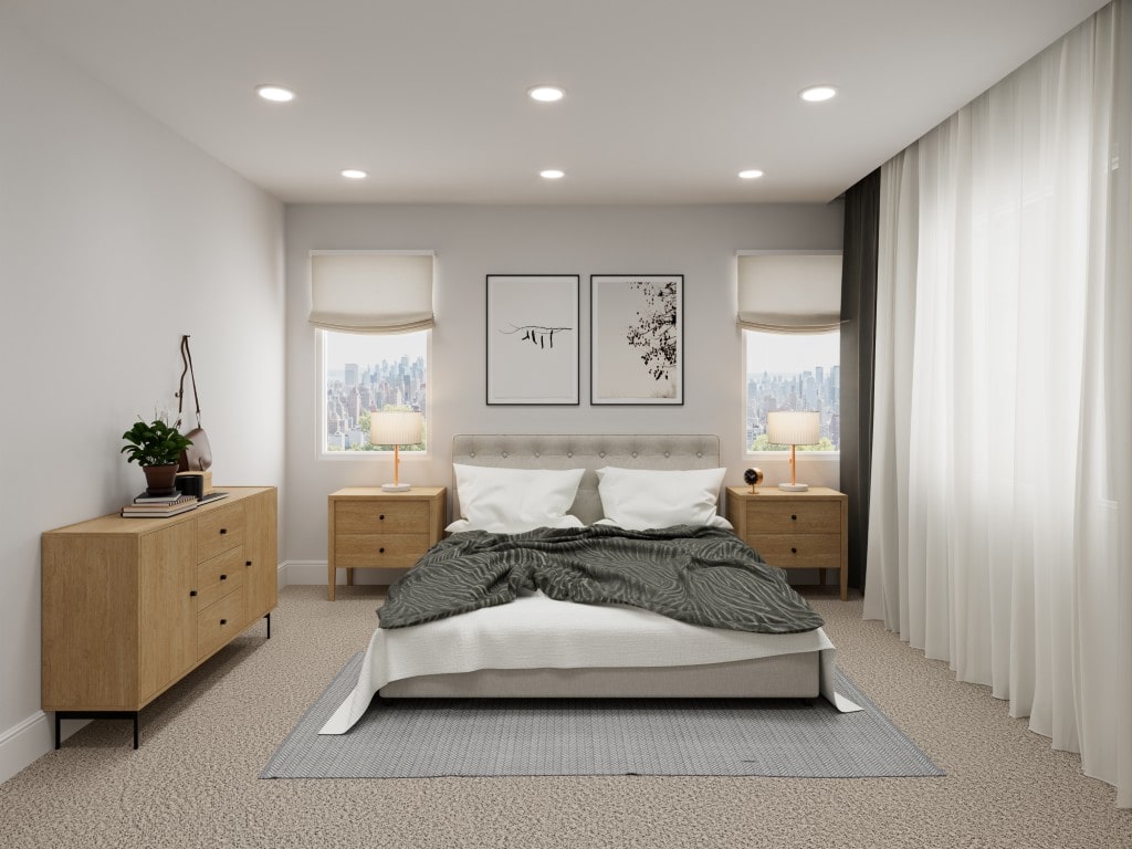Modern, minimalist bedroom rendering with neutral colors, wood furniture, king bed, and city view windows.