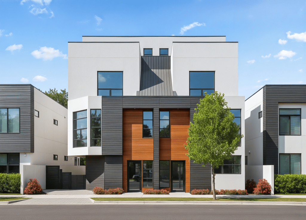 Front view of a modern townhome building with white, dark grey, and wood paneling, featuring large dark-framed windows.