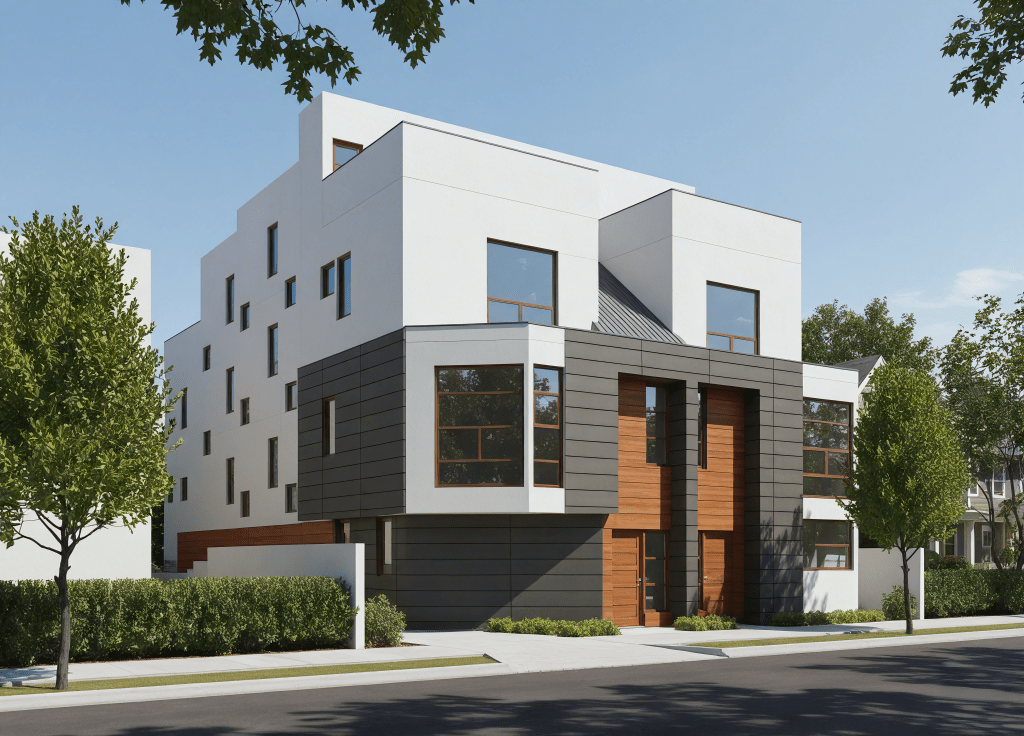 Modern multi-story building in Seattle, white and grey facade, large windows, street view.