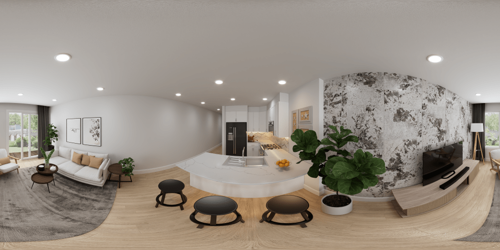 A 360-degree rendering of an open-plan kitchen and living room with a white island and wood floors. Source: Seattle 3D & Virtual Visualization by Pixel for Jabooda Group.