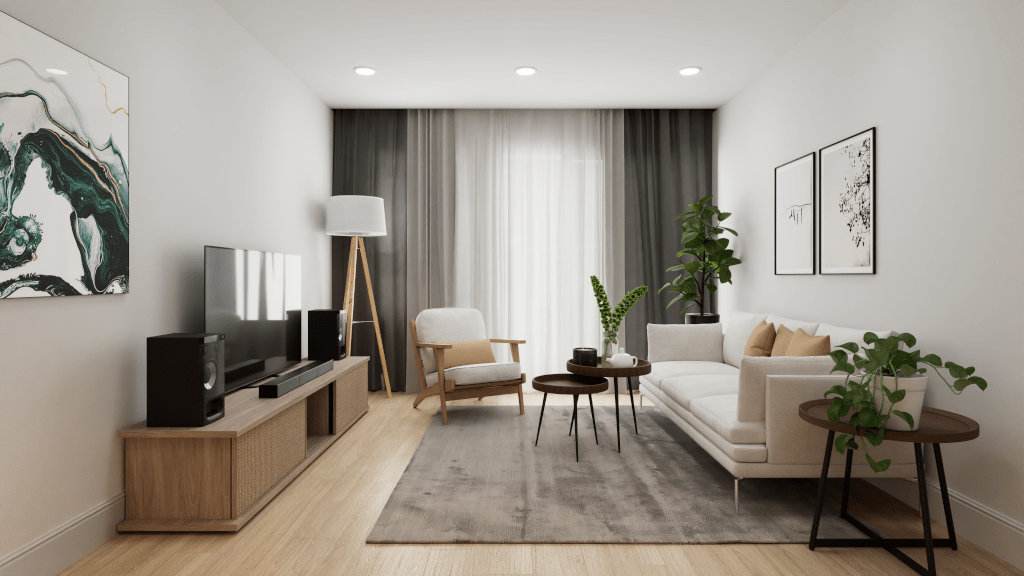 A modern staged living room rendering with a white sofa, wooden media console, and large window. Source: Seattle 3D & Virtual Visualization by Pixel for Jabooda Group.