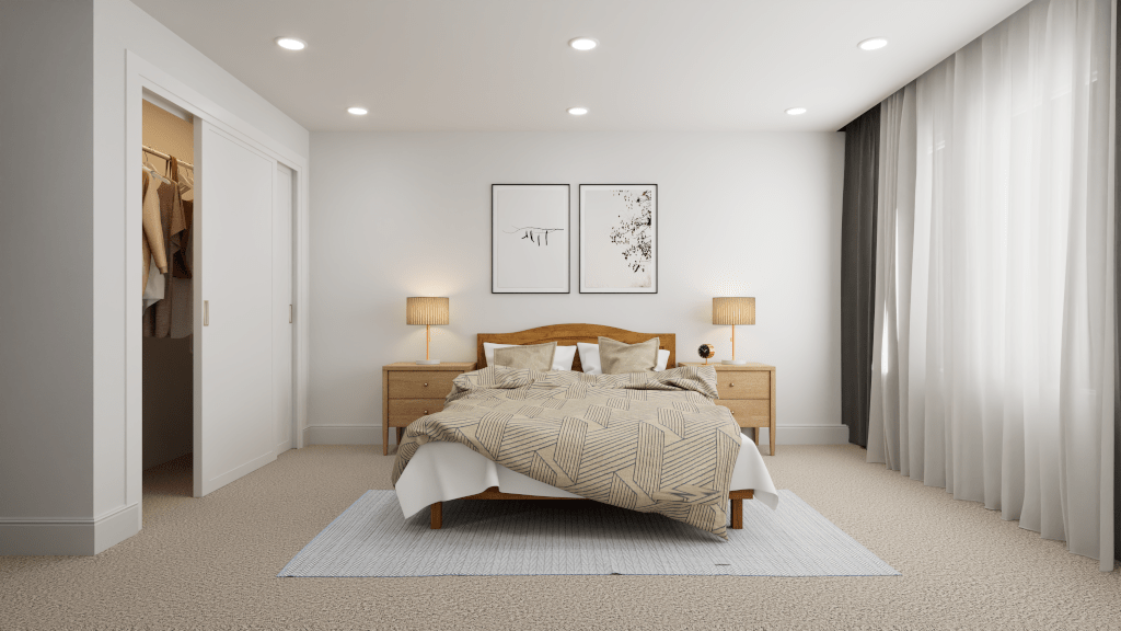 A staged, bright bedroom rendering with symmetrical nightstands, minimalist art, and a sliding closet. Source: Seattle 3D & Virtual Visualization by Pixel for Jabooda Group.