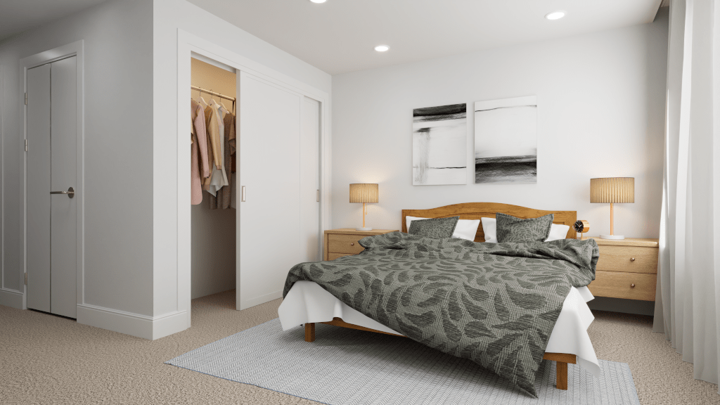 A staged modern bedroom rendering with a bed, wood nightstands, and an open sliding closet. Source: Seattle 3D & Virtual Visualization by Pixel for Jabooda Group.
